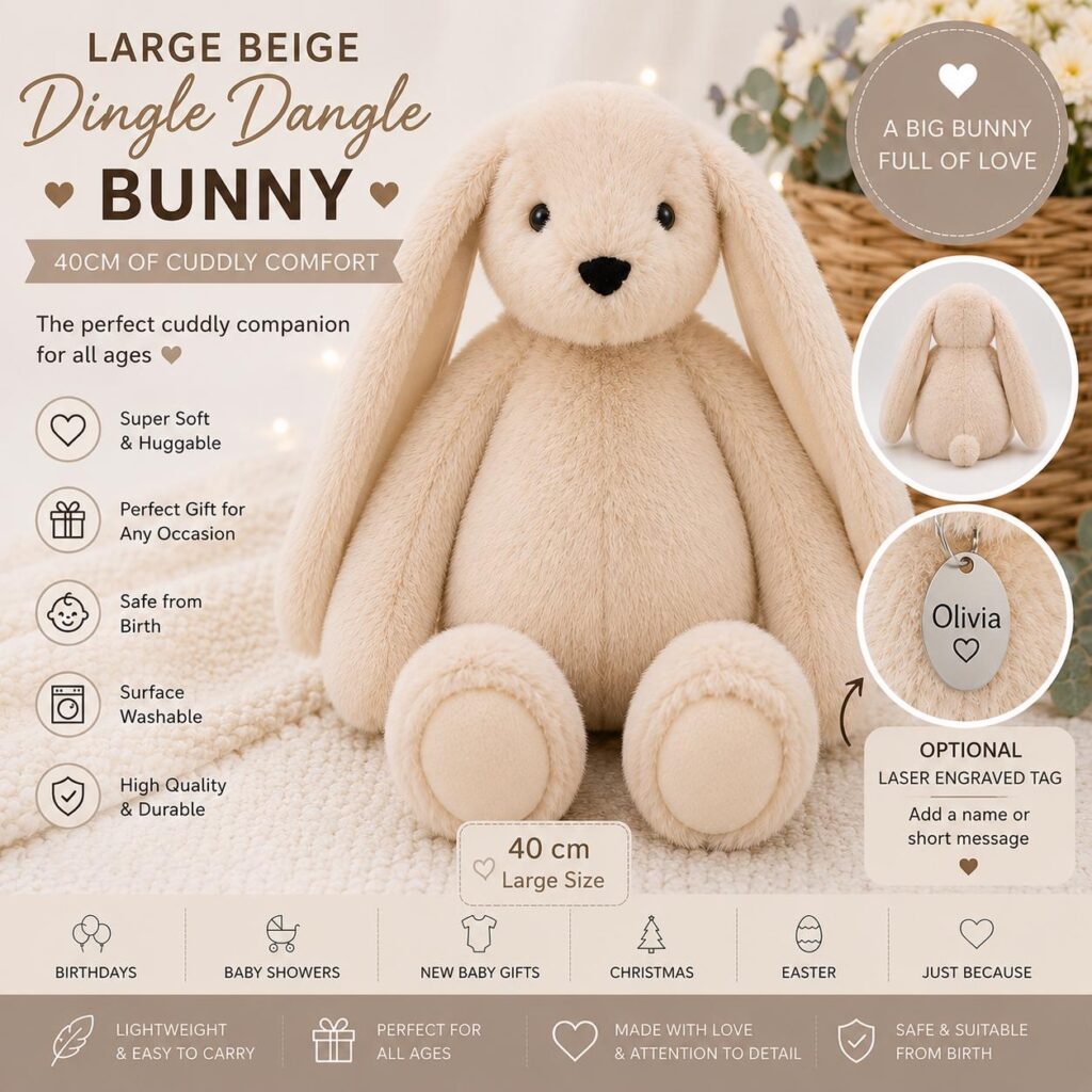 Personalised Large Beige Bunny 40cm, Dingle Dangle Bunny, Plush Rabbit Teddy, Baby Shower Gift, Soft Bunny Toy, New Baby Keepsake