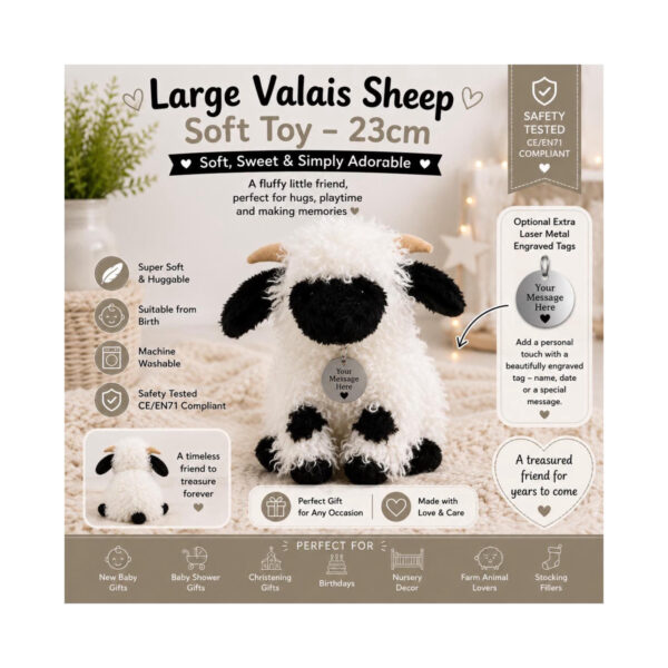 Personalised Valais Sheep Soft Toy 23cm, Custom Embroidered Sheep Plush, Farm Animal Teddy, Baby Keepsake Gift