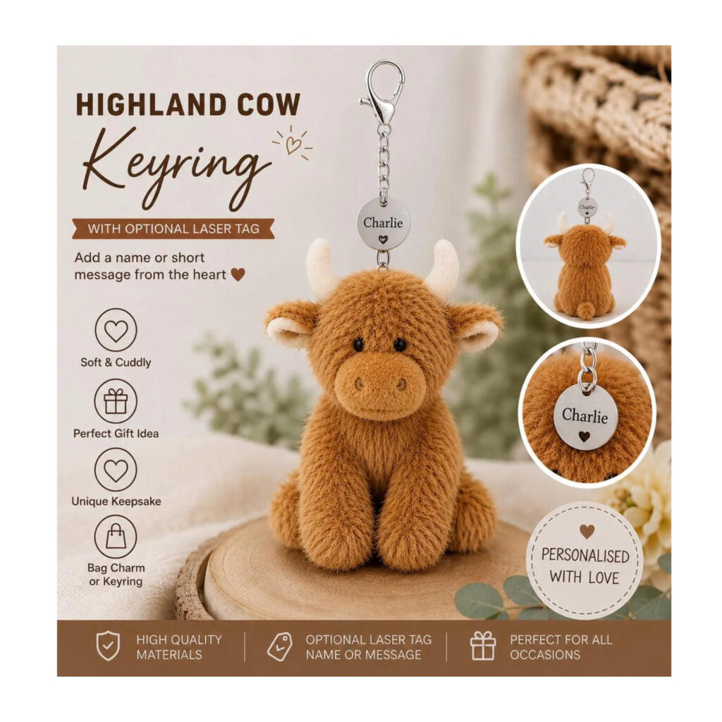 Highland brown cow keyring | personalised bag charm | optional laser engraved tag | cute highland cow gift | keepsake gift for her him