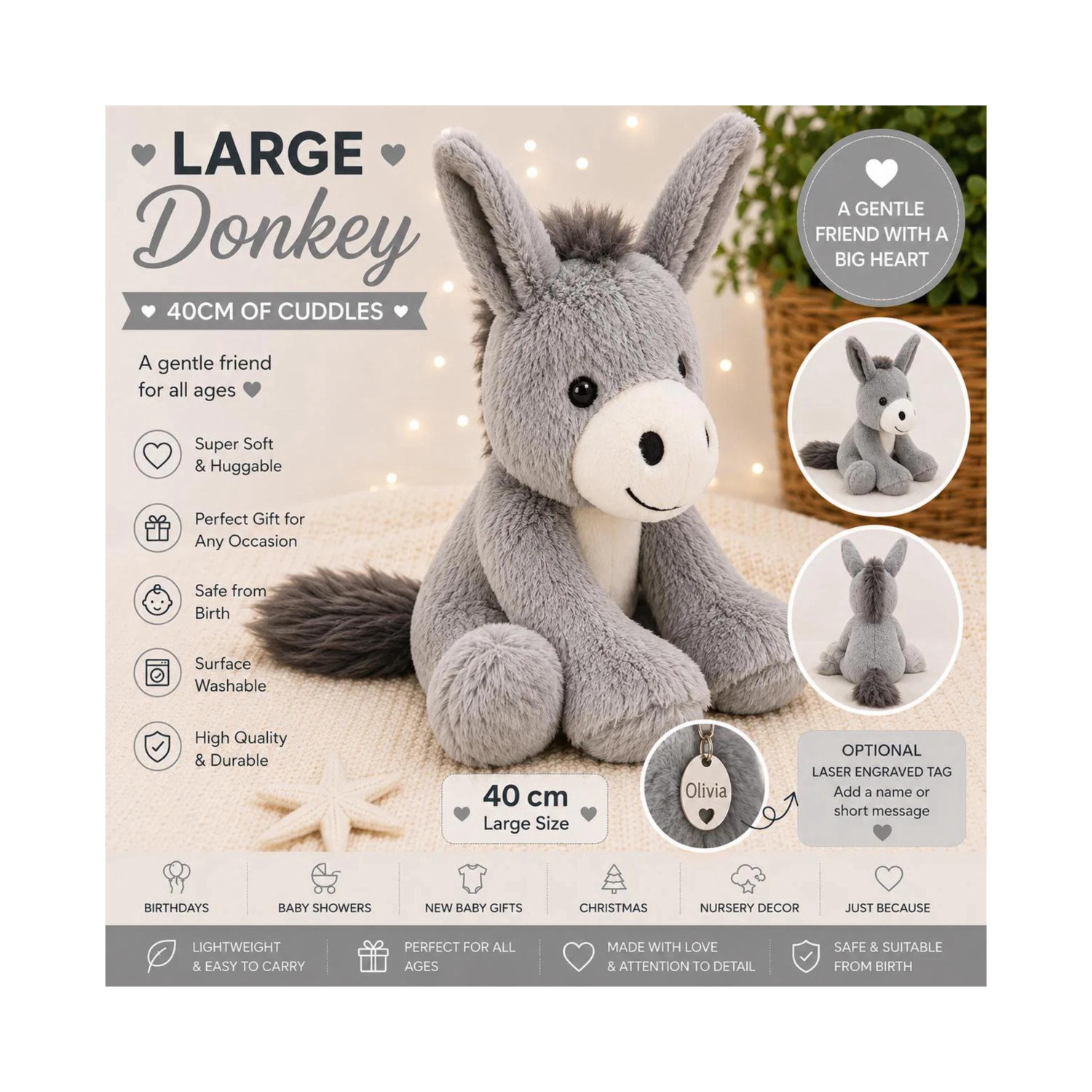 Personalised Large Donkey Plush 40cm, Soft Donkey Teddy, Stuffed Donkey Toy, Engraved Tag Gift, Baby Shower Gift, Farm Animal Keepsake