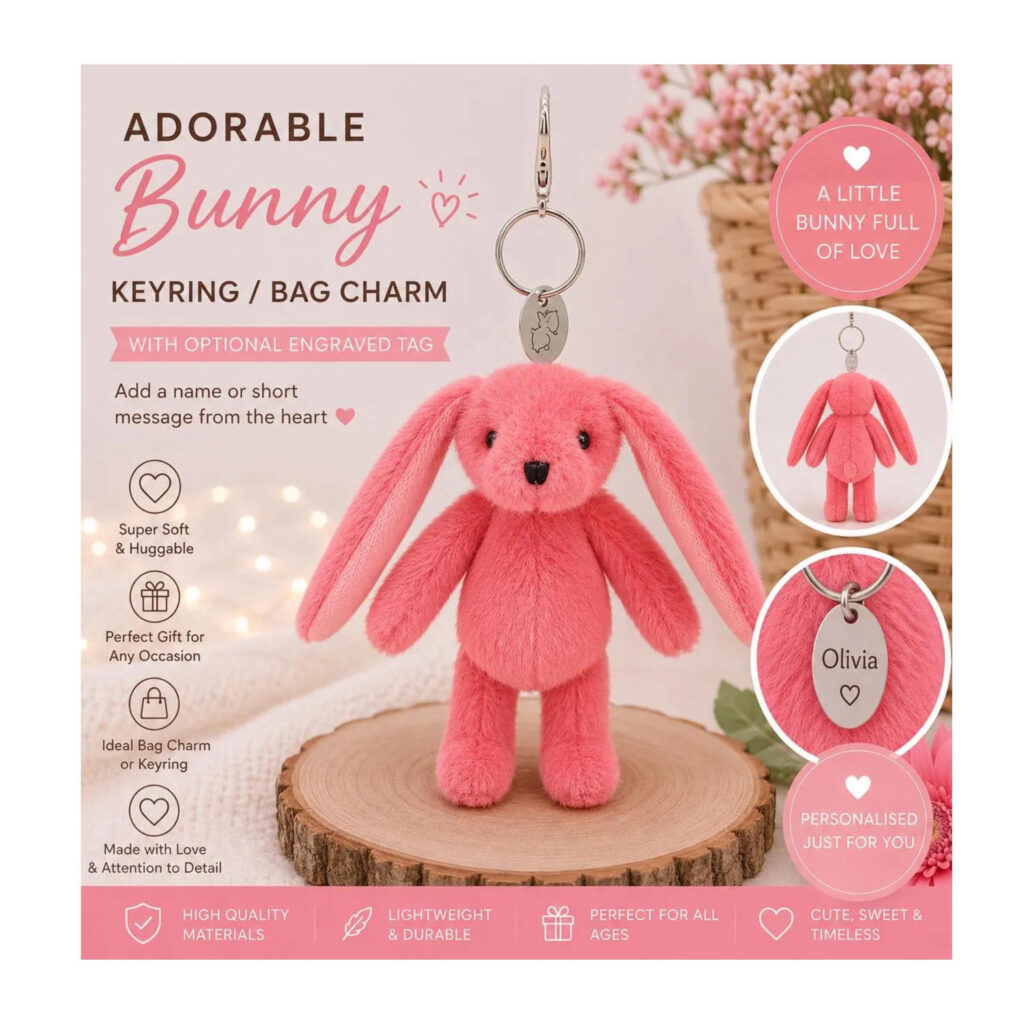 Personalised cream bunny keyring, plush bunny bag charm, rabbit keychain, optional tag gift, cute bunny accessory, easter bunny gift