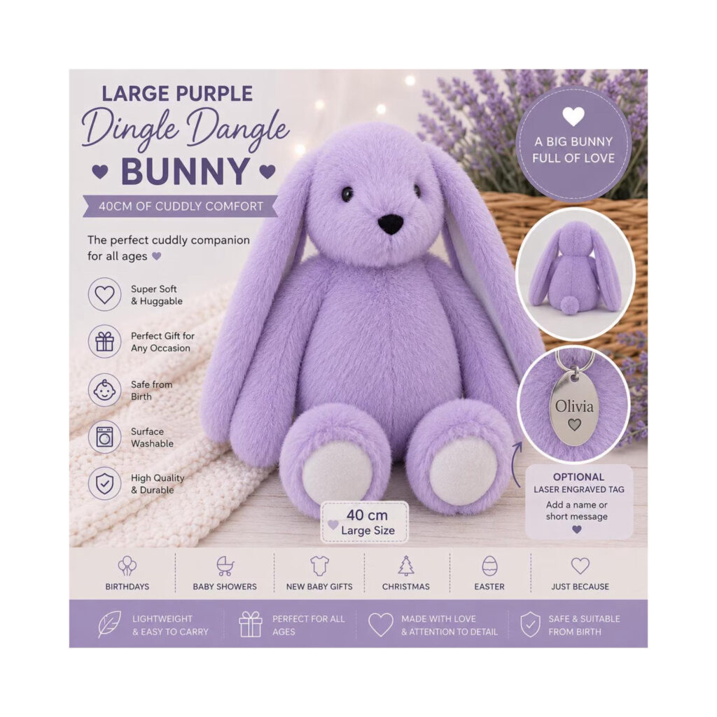 Personalised Large Purple Bunny 40cm, Dingle Dangle Bunny Teddy, Plush Rabbit Toy, Engraved Tag Gift, Baby Shower Gift,Easter Bunny Keepsake