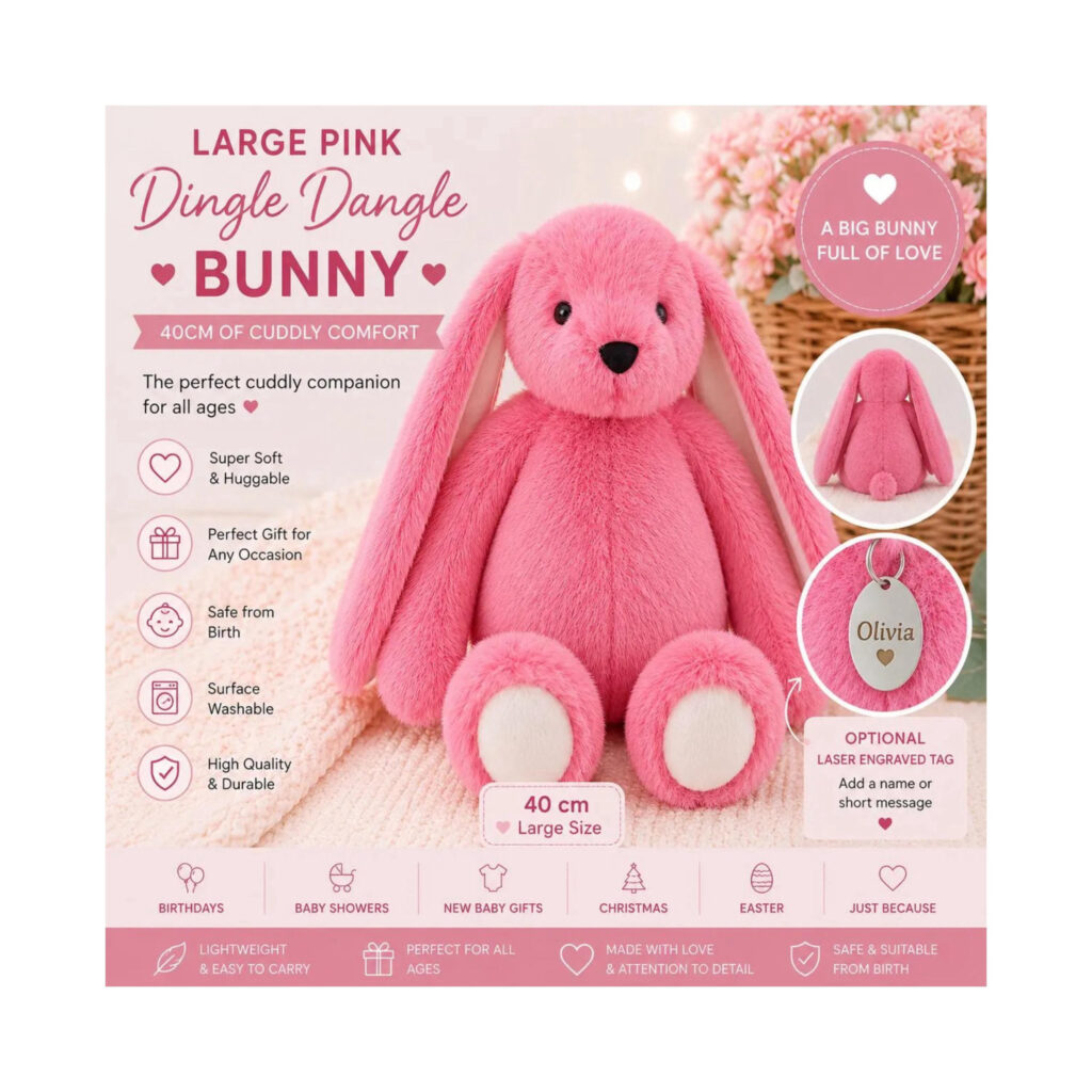 Personalised Large Pink Bunny 40cm, Dingle Dangle Bunny Teddy, Plush Rabbit Toy, Engraved Tag Gift, Baby Shower Gift,Easter Bunny Keepsake
