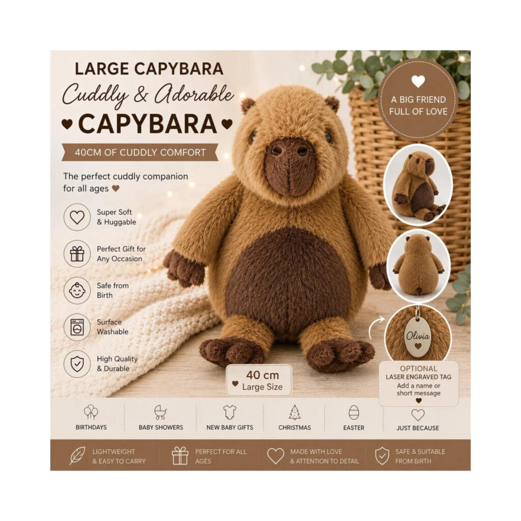 Personalised Large Capybara Plush 40cm, Cute Capybara Teddy, Soft Stuffed Animal, Engraved Tag Gift, Baby Shower Gift, Capybara Keepsake