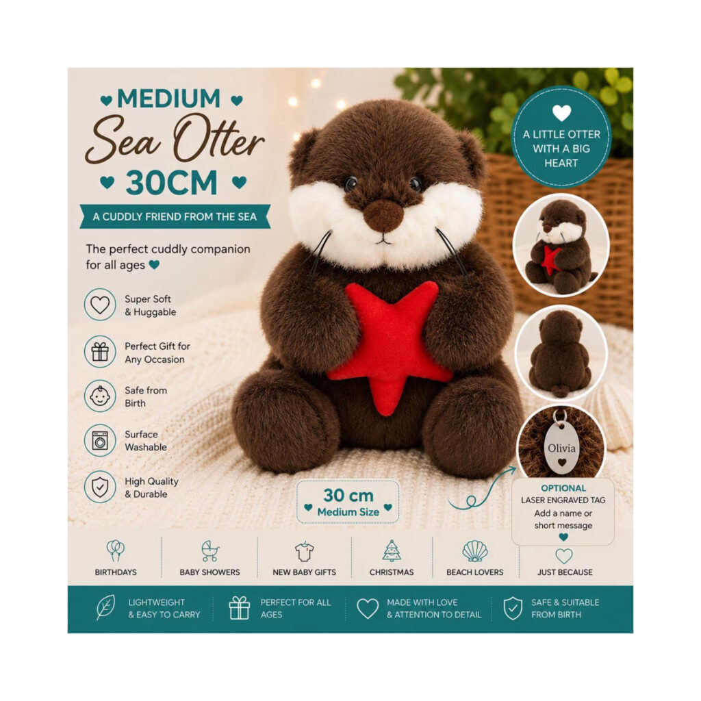 Personalised Sea Otter Plush 30cm, Cute Sea Otter Teddy, Soft Stuffed Animal, Engraved Tag Gift, Baby Shower Gift, Ocean Animal Keepsake