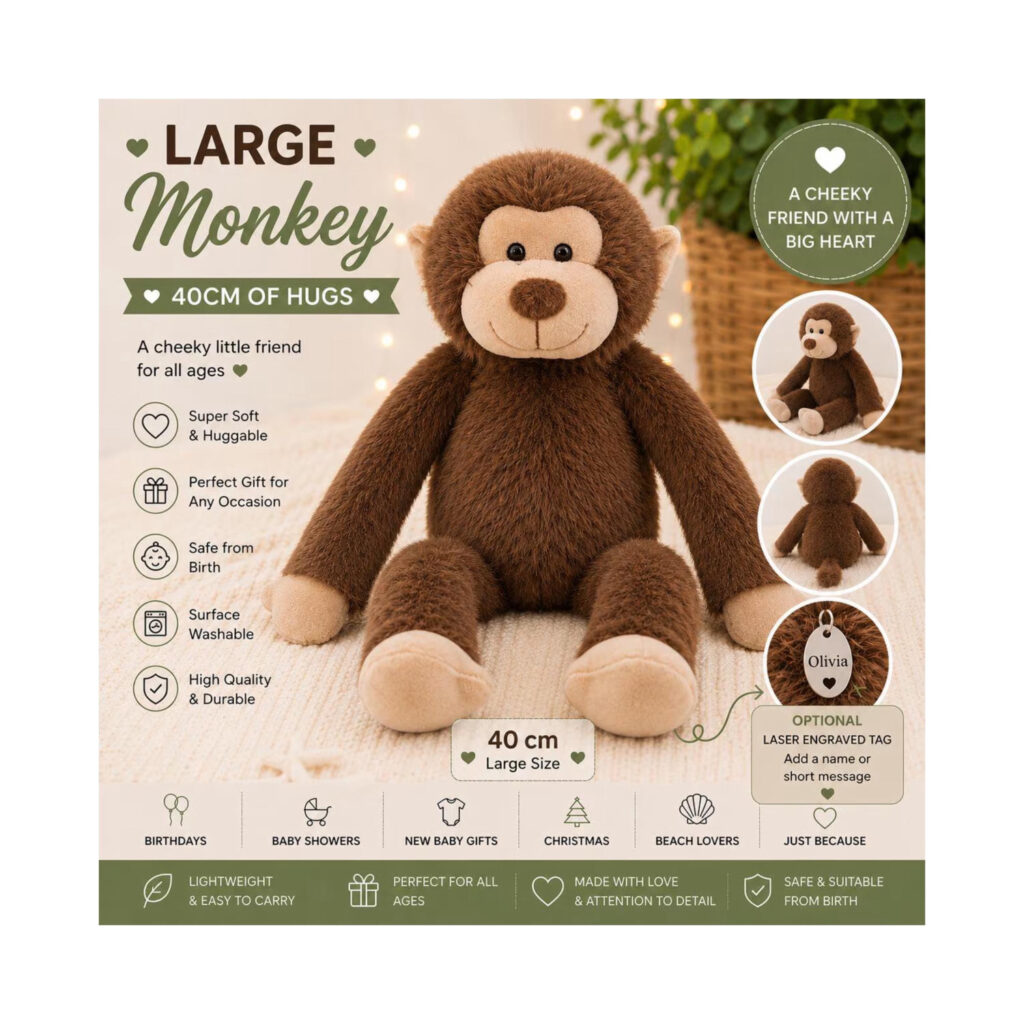 Personalised Monkey Plush 40cm, Large Monkey Teddy, Soft Stuffed Monkey, Engraved Tag Gift, Baby Shower Gift, Jungle Animal Keepsake