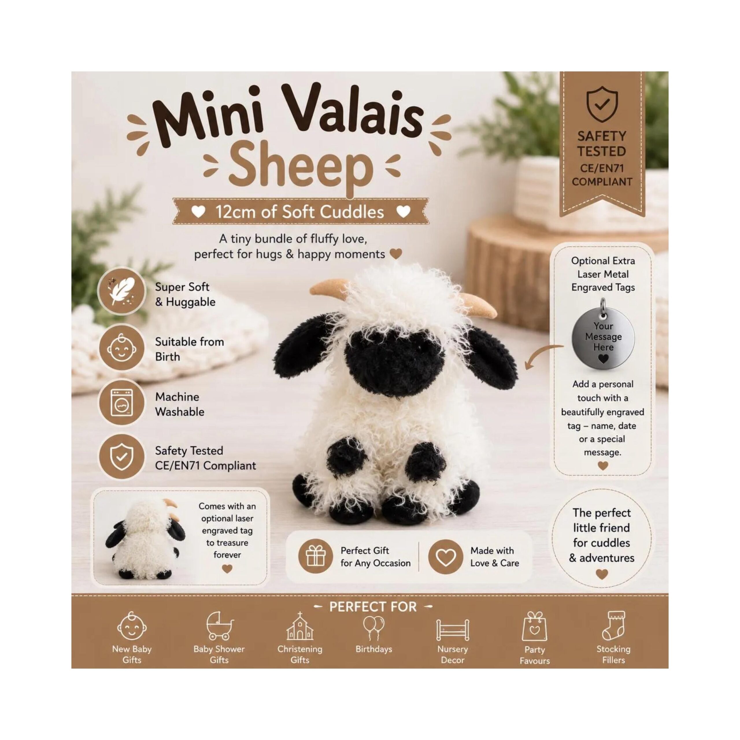 Personalised Mini Valais Sheep Soft Toy 12cm, Custom Embroidered Sheep Plush, Baby Shower Gift, Farm Animal Keepsake, Optional Laser Tag