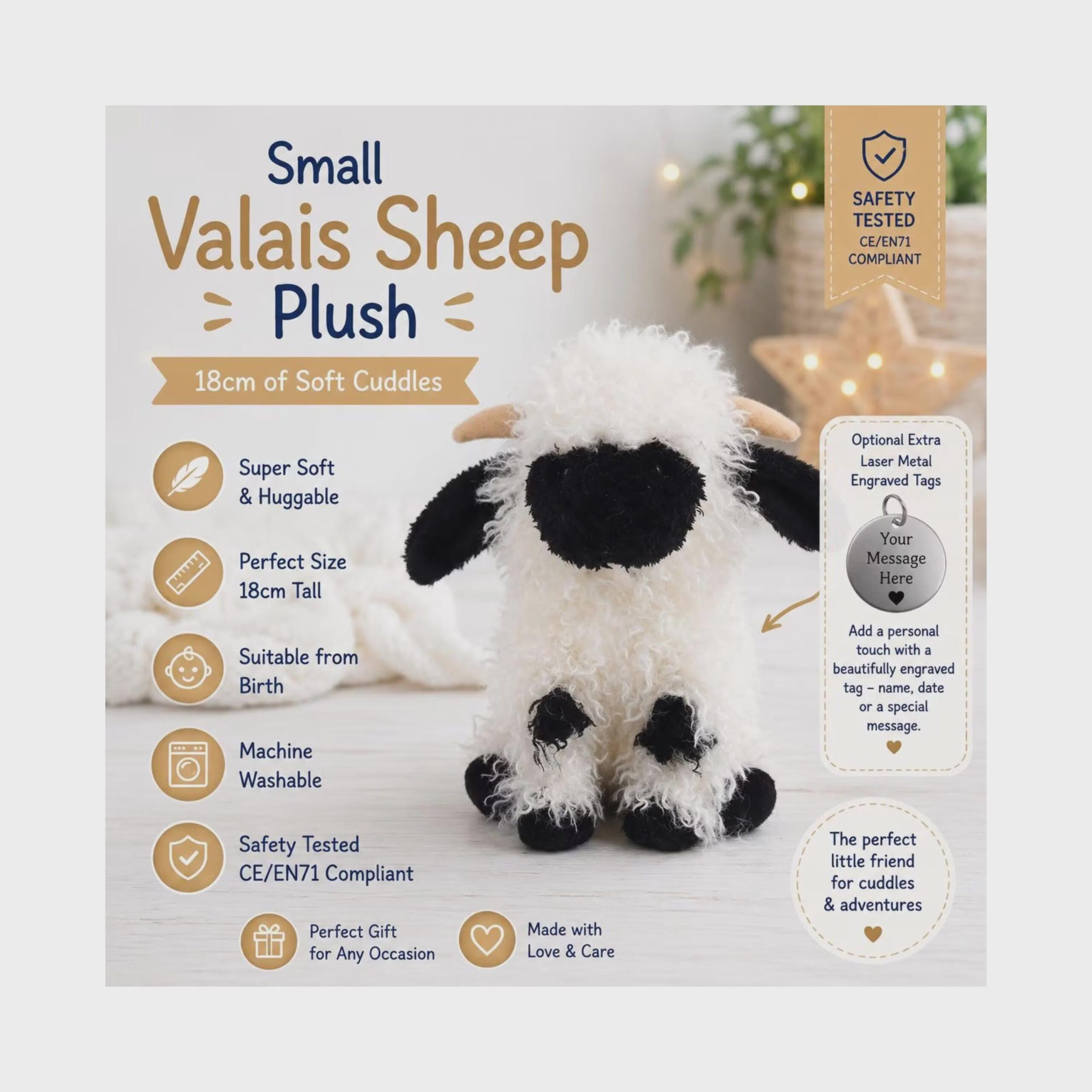 Valais Sheep Plush Toy Small | Cute Cuddly Lamb Soft Toy | Baby Safe Gift | Farm Animal Teddy | Birthday Easter Gift | Sheep Lover Present