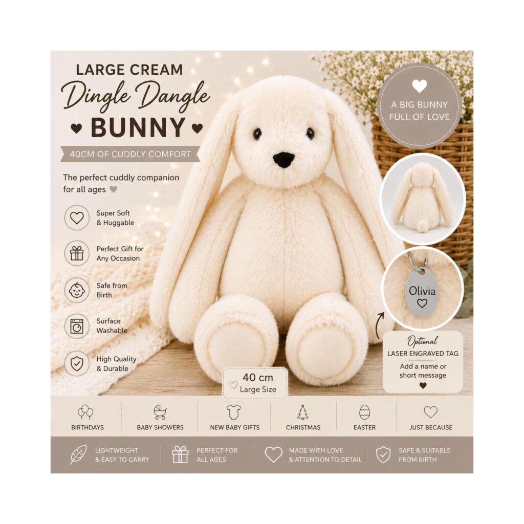 Personalised Large Cream Bunny 40cm, Dingle Dangle Bunny, Plush Rabbit Teddy, Baby Shower Gift, Soft Bunny Toy, New Baby Keepsake