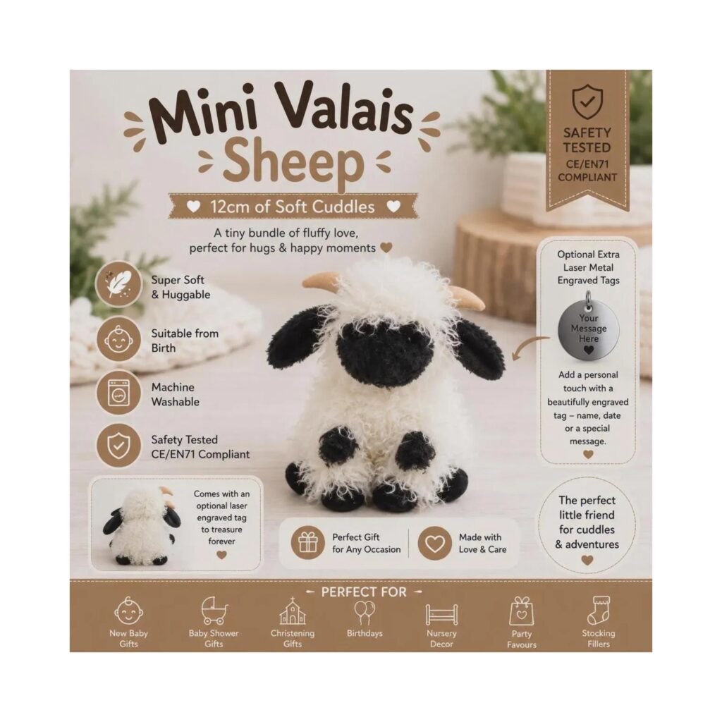 Mini Valais Sheep Plush Toy | Cute Cuddly Lamb Teddy | Small Baby Safe Soft Toy Gift | Farm Animal Plush | Easter Birthday Present