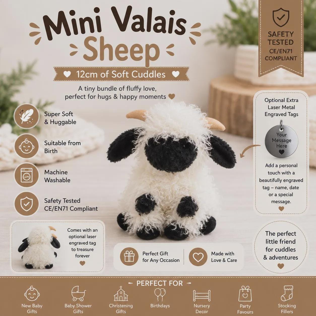 Mini Valais Sheep Plush Toy | Cute Cuddly Lamb Teddy | Small Baby Safe Soft Toy Gift | Farm Animal Plush | Easter Birthday Present - Image 3