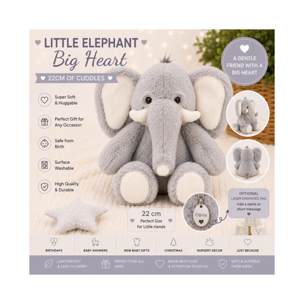 Personalised Elephant Plush 22cm, Cute Baby Elephant Teddy, Soft Stuffed Elephant, Engraved Tag Gift, New Baby Keepsake, Baby Shower Gift