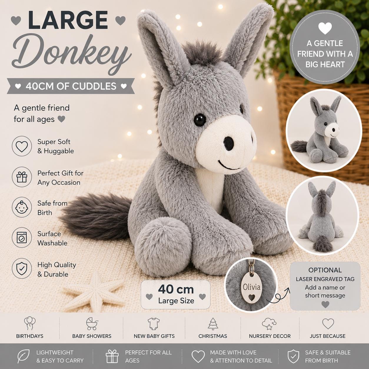 Personalised Large Donkey Plush 40cm, Soft Donkey Teddy, Stuffed Donkey Toy, Engraved Tag Gift, Baby Shower Gift, Farm Animal Keepsake - Image 2