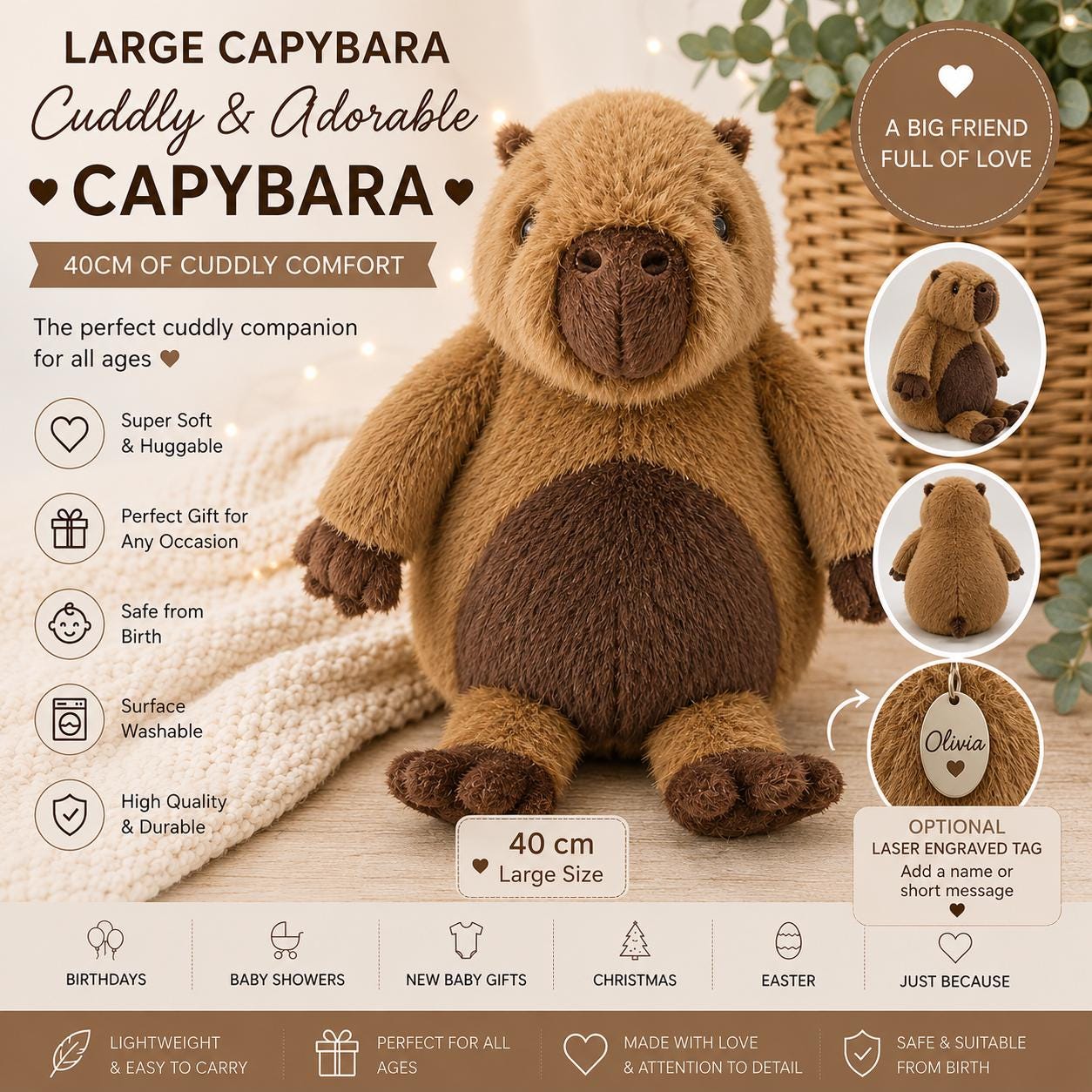 Personalised Large Capybara Plush 40cm, Cute Capybara Teddy, Soft Stuffed Animal, Engraved Tag Gift, Baby Shower Gift, Capybara Keepsake - Image 2