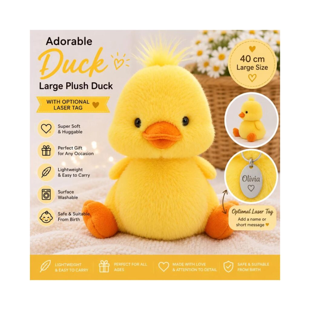 Personalised Plush Duck 40cm, Soft Yellow Duck Teddy, Engraved Tag Gift, Personalised Duck Toy, Baby Shower Gift, New Baby Keepsake