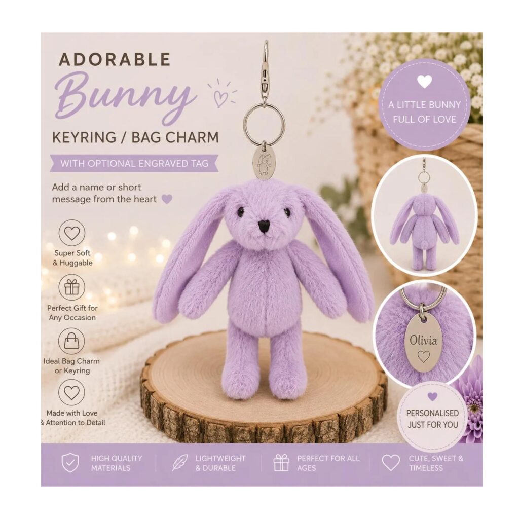 Personalised cream bunny keyring, plush bunny bag charm, rabbit keychain, optional tag gift, cute bunny accessory, easter bunny gift
