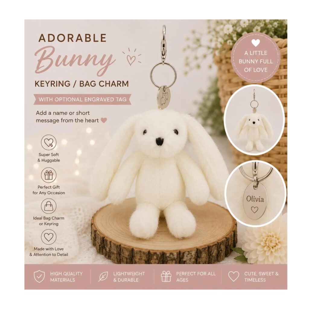Personalised cream bunny keyring, plush bunny bag charm, rabbit keychain, optional tag gift, cute bunny accessory, easter bunny gift