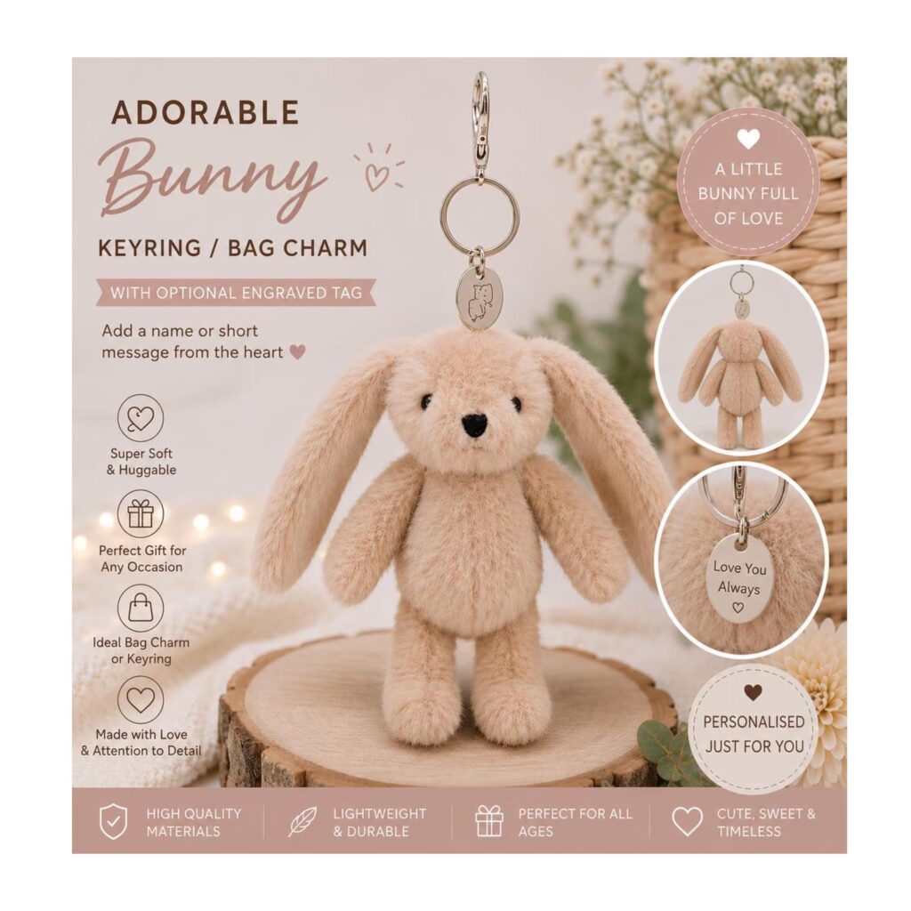 Personalised Beige Bunny Keyring, Bunny Bag Charm, Plush Rabbit Keychain, Cute Bunny Gift, Easter Bunny Keyring, Keepsake Charm