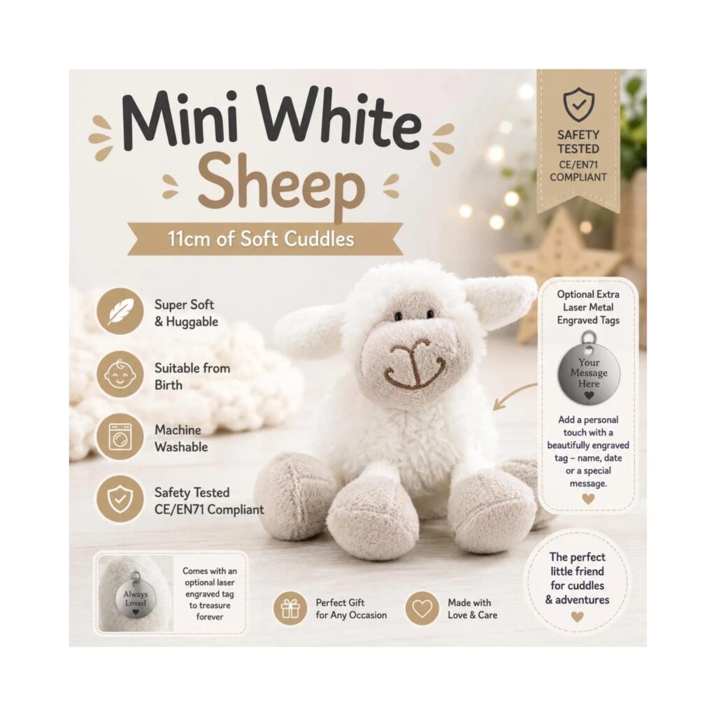Personalised Mini White Sheep Soft Toy 11cm, Custom Embroidered Lamb Plush, Baby Shower Gift, New Baby Keepsake, Optional Laser Engraved Tag