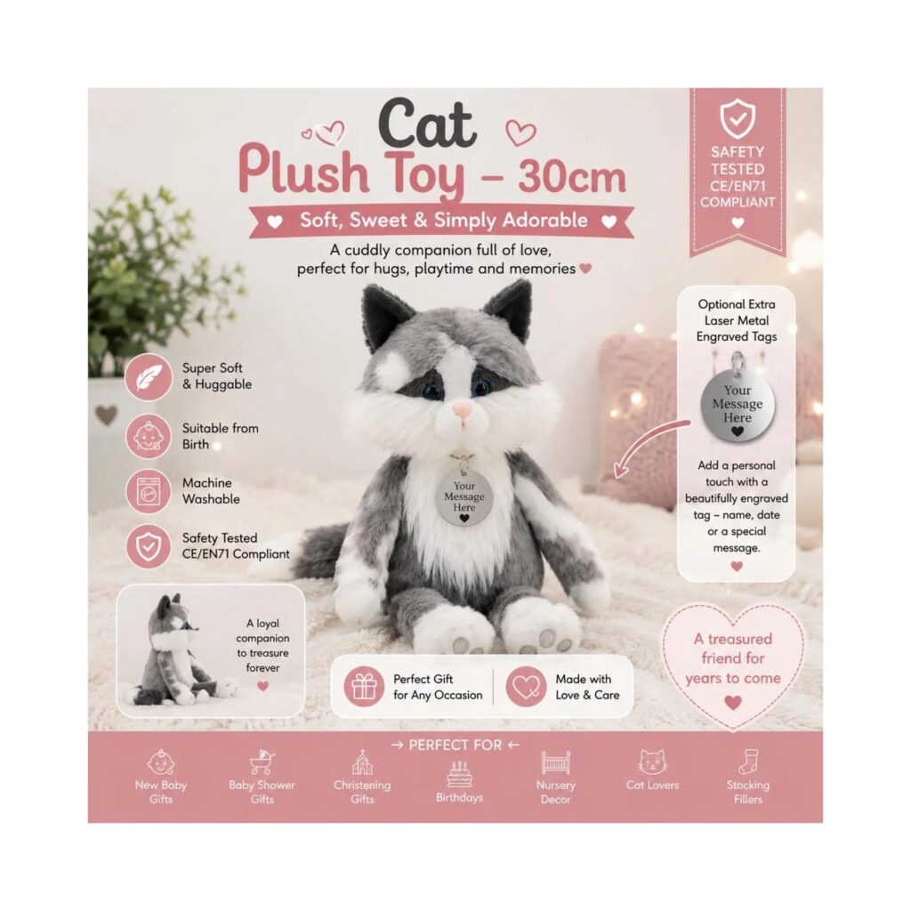 Personalised Cat Soft Toy 30cm, Custom Embroidered Plush Cat, Cute Kitten Teddy, Baby Keepsake Gift, Optional Laser Engraved Metal Tag